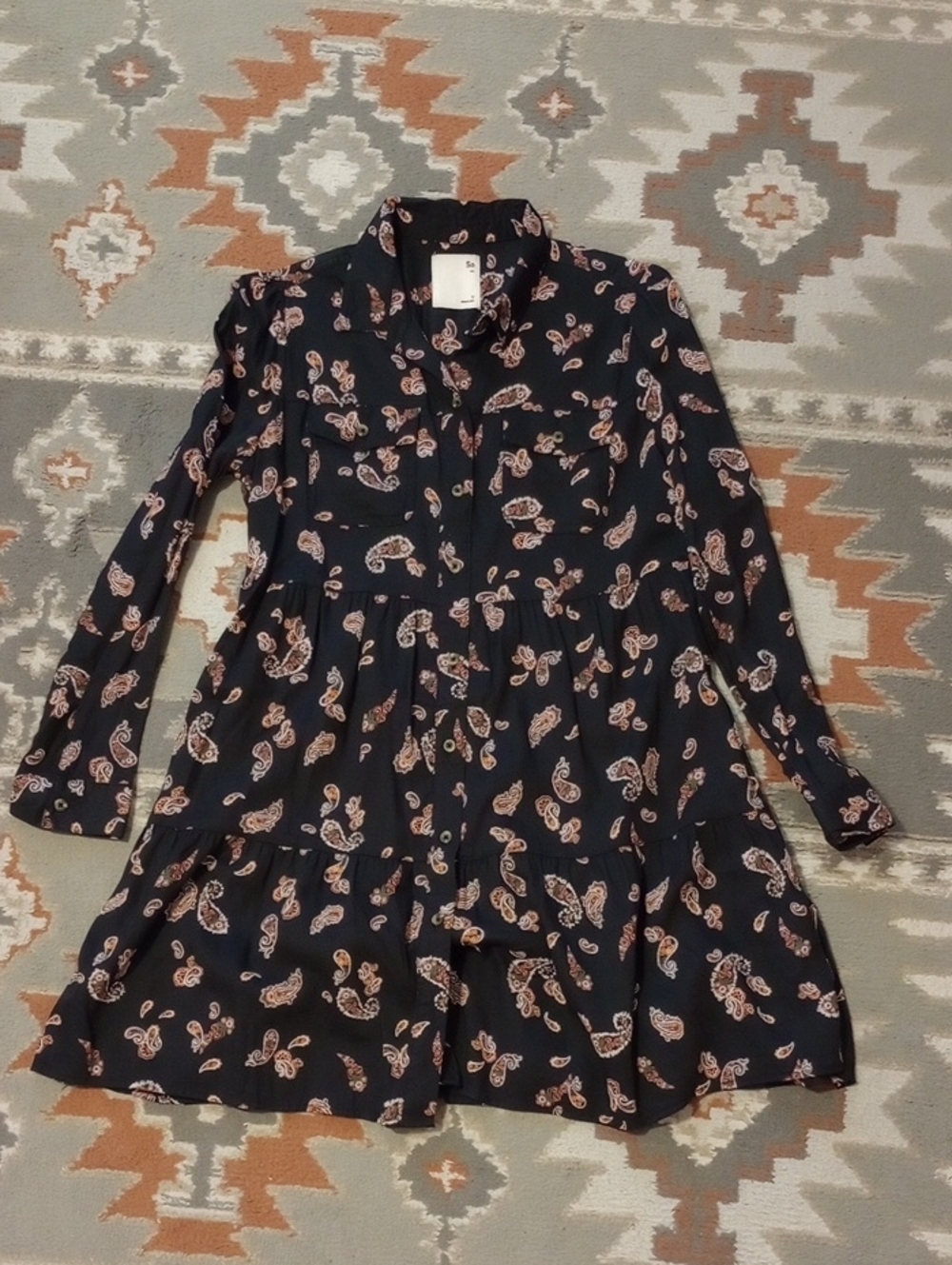 SO Black Paisley Button-Up Dress with Peach Accents